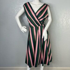 Collectif London Patricia Palm Stripe Pink Green Faux Wrap 50s Style Dress US 10